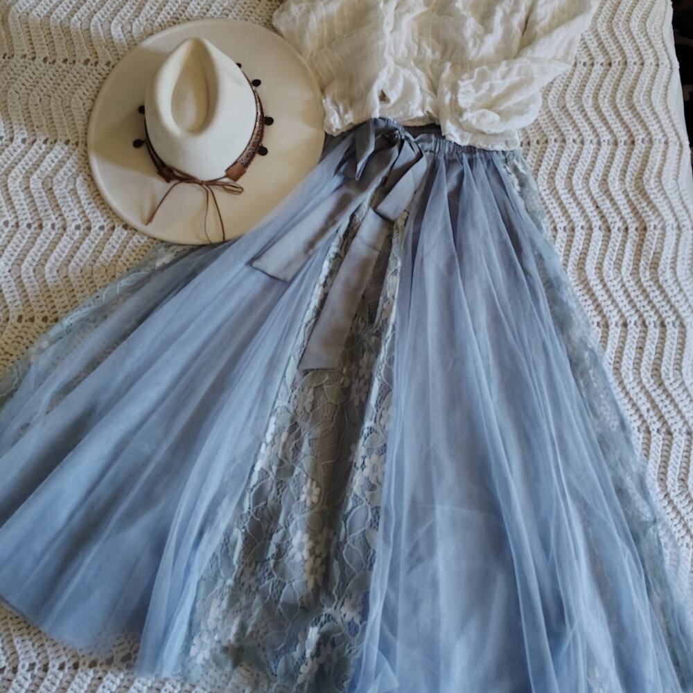 Cottagecore Fairycore Blue Tulle Lace Skirt Romantic Whimsical Layered Skirt Sm